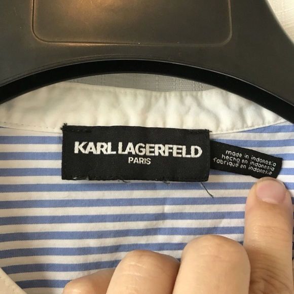 Karl Lagerfeld Blouse White And Blue Striped Ruffle Button Up Size Medium - Picture 4 of 9